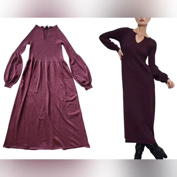 Zara Ribbed Balloon Sleeve Maroon Knit Dress Large Jumper Sweater Maxi Stretch - Picture 1 of 11